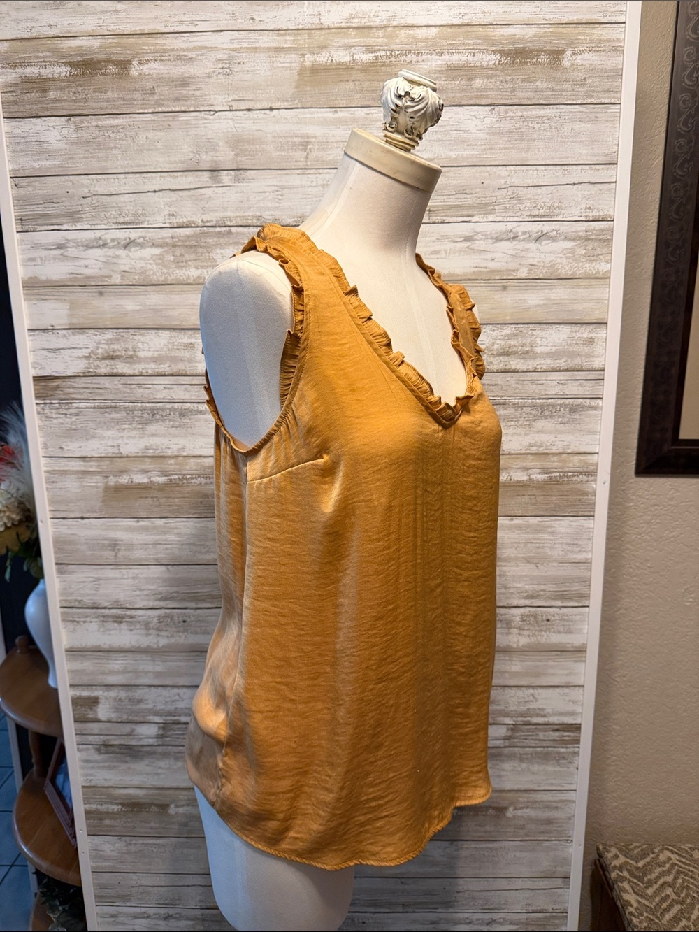 Mustard Ruffle V-Neck Tank Thanksgiving fall - Picture 2 of 5